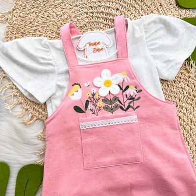 Conj. Blusa em Linho e Salopete com Flores - Rosa e Areia